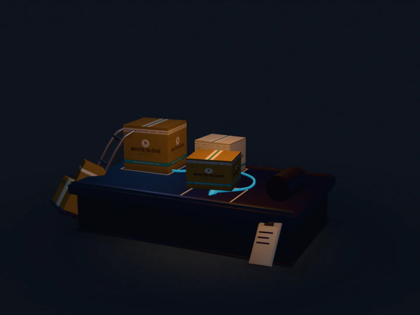 Branded cartons seated in chalked slots on a truck deck, the load-order path threading them to the open slot.