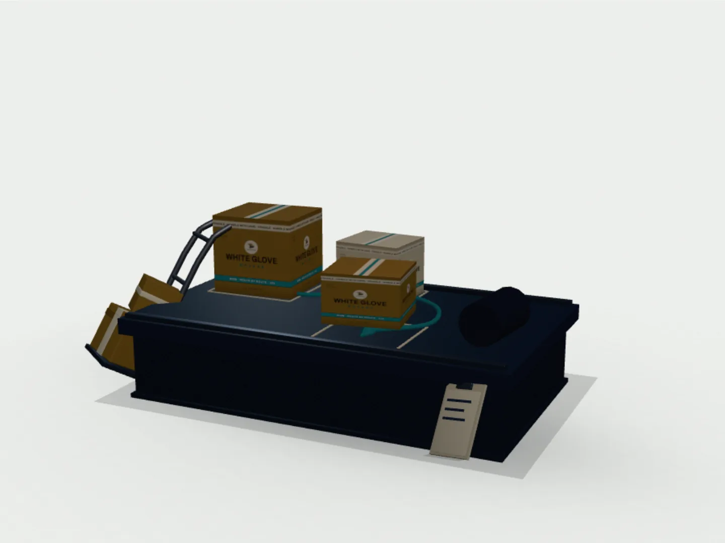 Branded cartons seated in chalked slots on a truck deck, the load-order path threading them to the open slot.