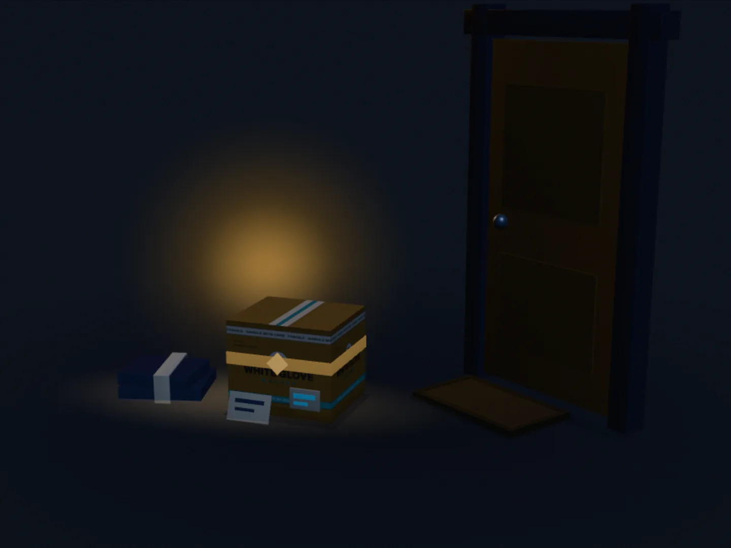 The last sealed carton and folded pads on a doorstep at first light, the new home's door closed behind them.