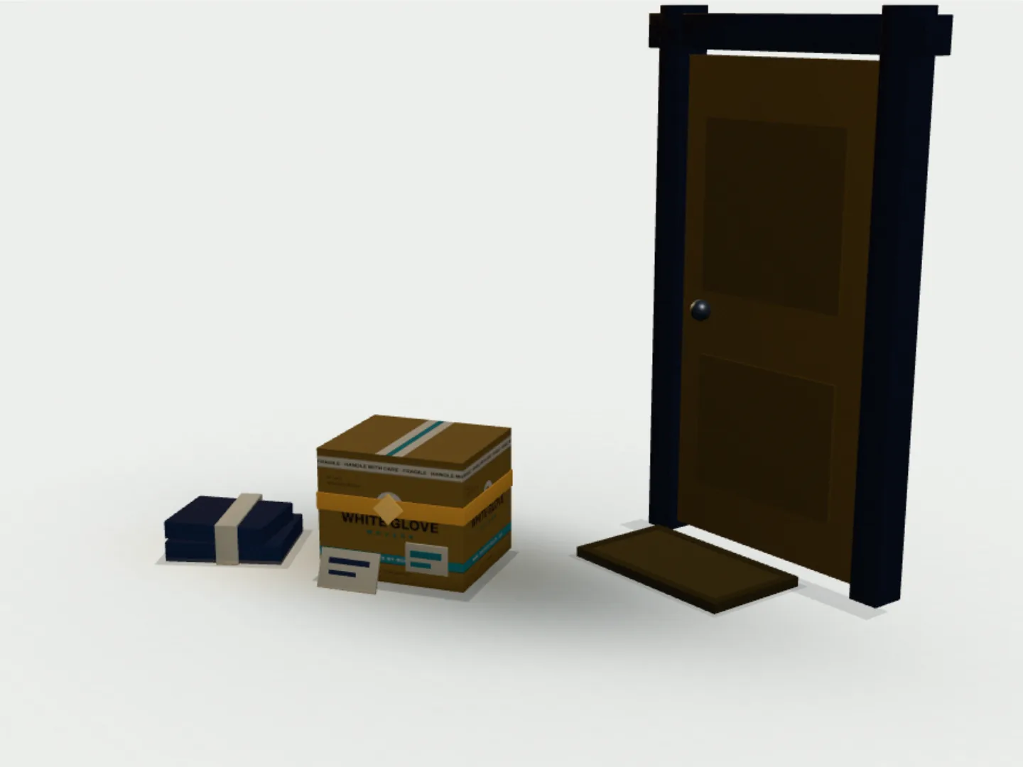 The last sealed carton and folded pads on a doorstep at first light, the new home's door closed behind them.