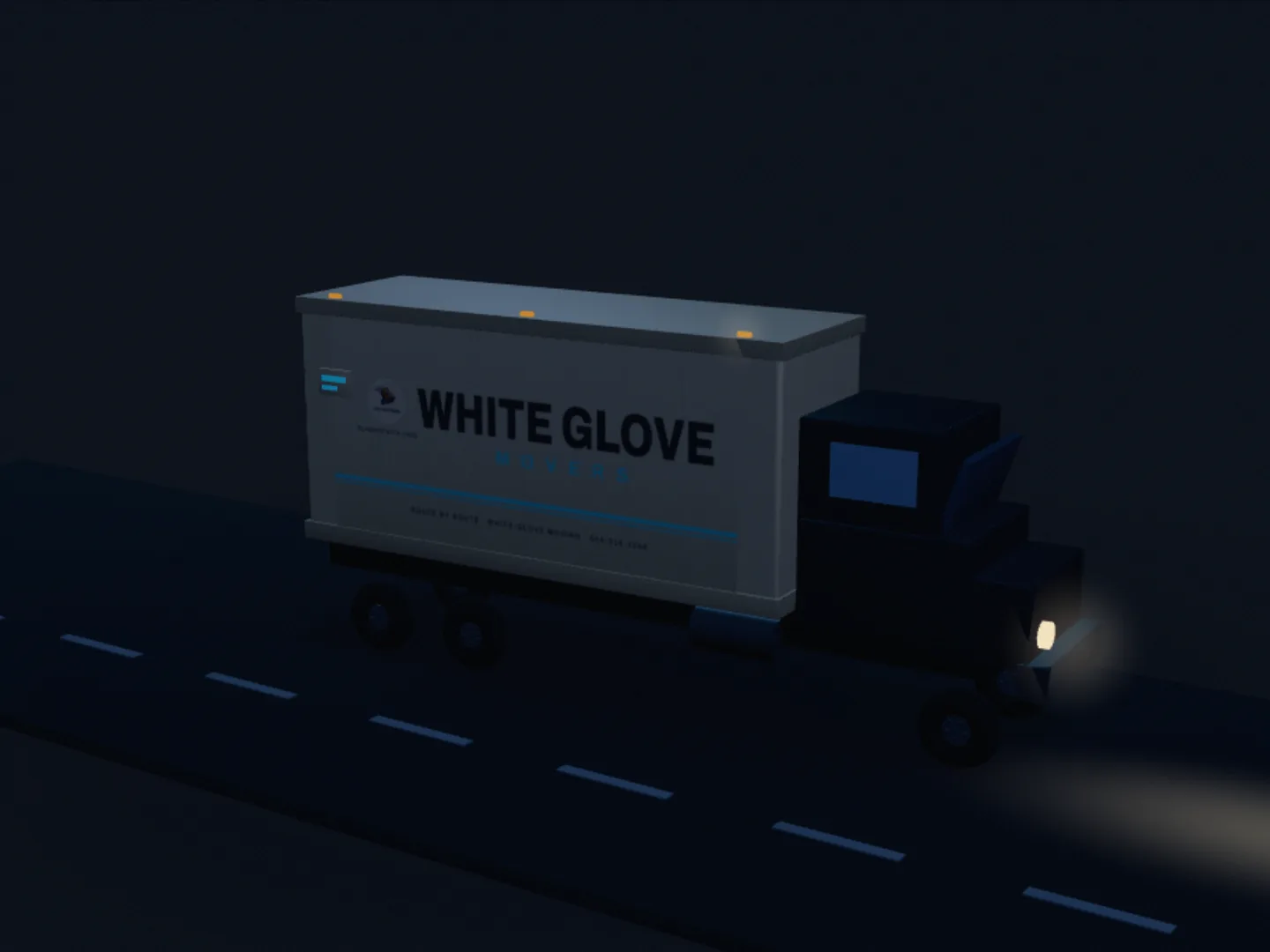 The White Glove Movers box truck on an empty highway at night, headlights throwing down the lane.