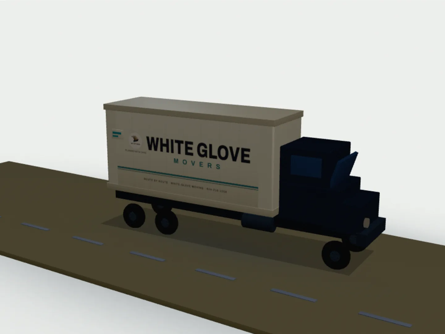 The White Glove Movers box truck on an empty highway at night, headlights throwing down the lane.