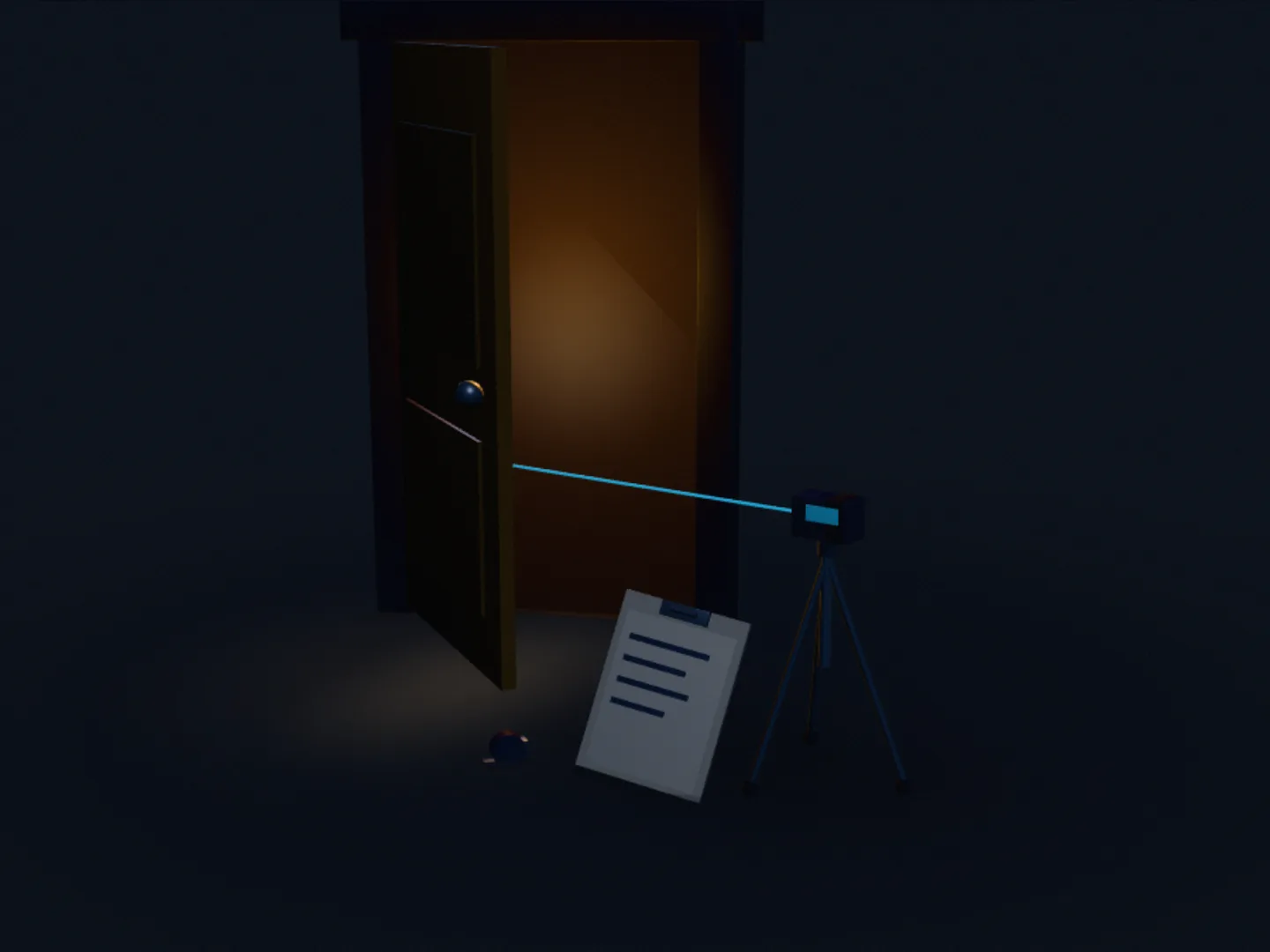 A tripod laser measure shooting the clear opening of an ajar door, a manifest clipboard leaning on its leg.