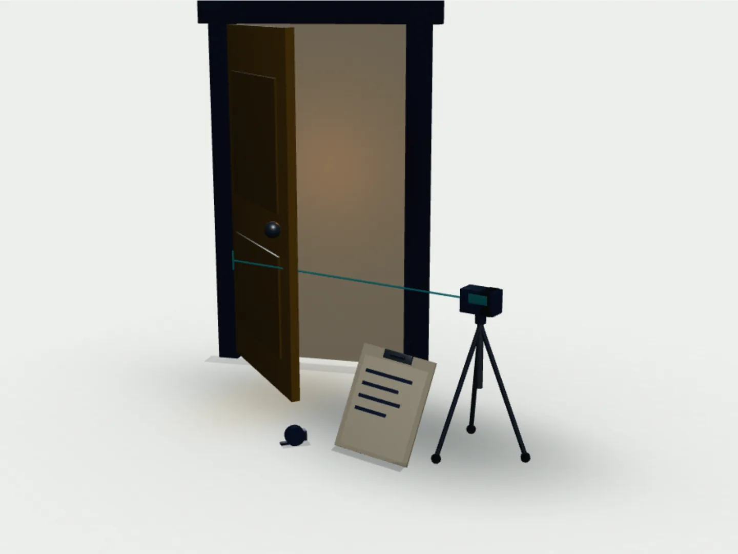 A tripod laser measure shooting the clear opening of an ajar door, a manifest clipboard leaning on its leg.