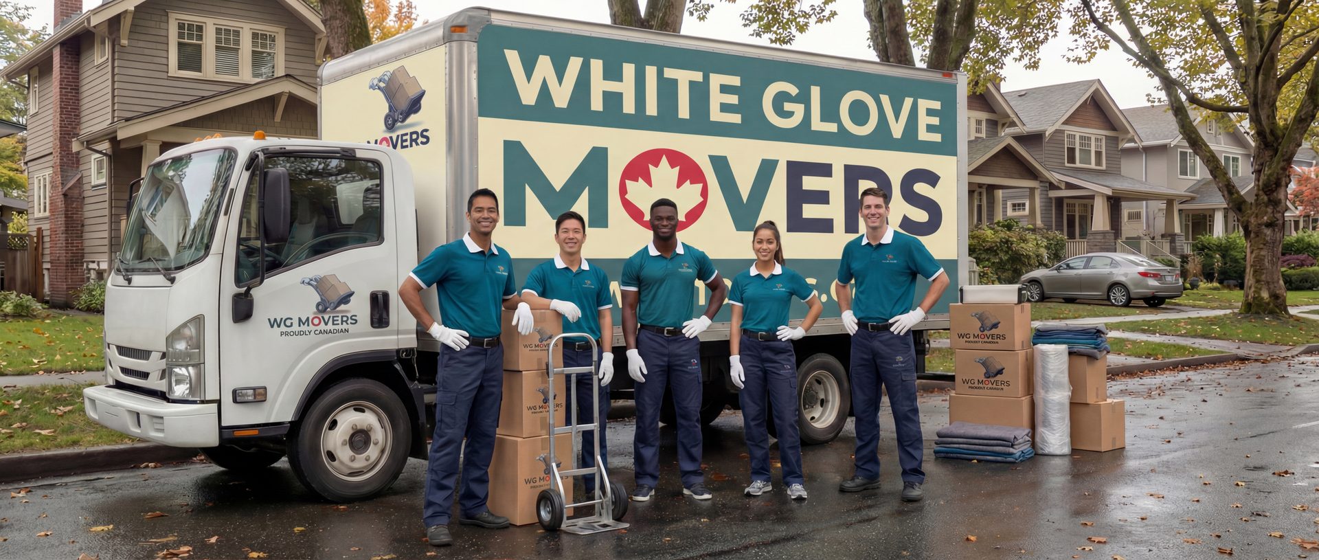 White Glove Movers professional team with branded truck in Vancouver neighborhood
