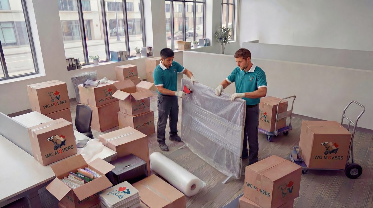 White Glove Movers team wrapping furniture in office