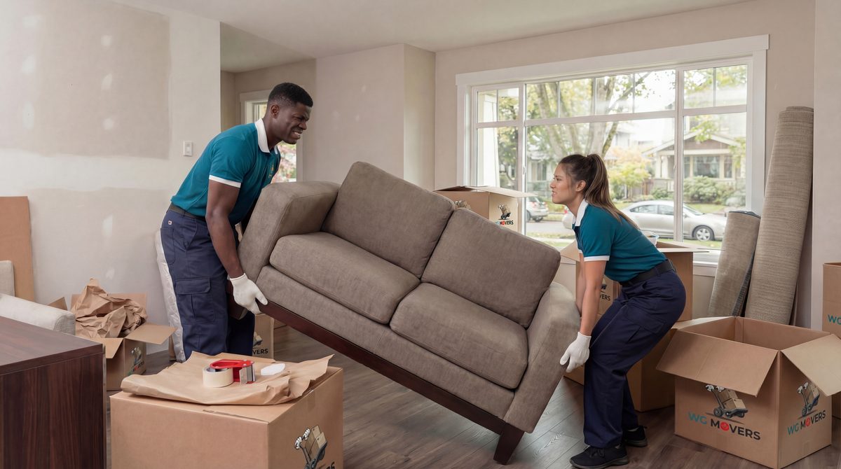White Glove Movers team carrying furniture in home