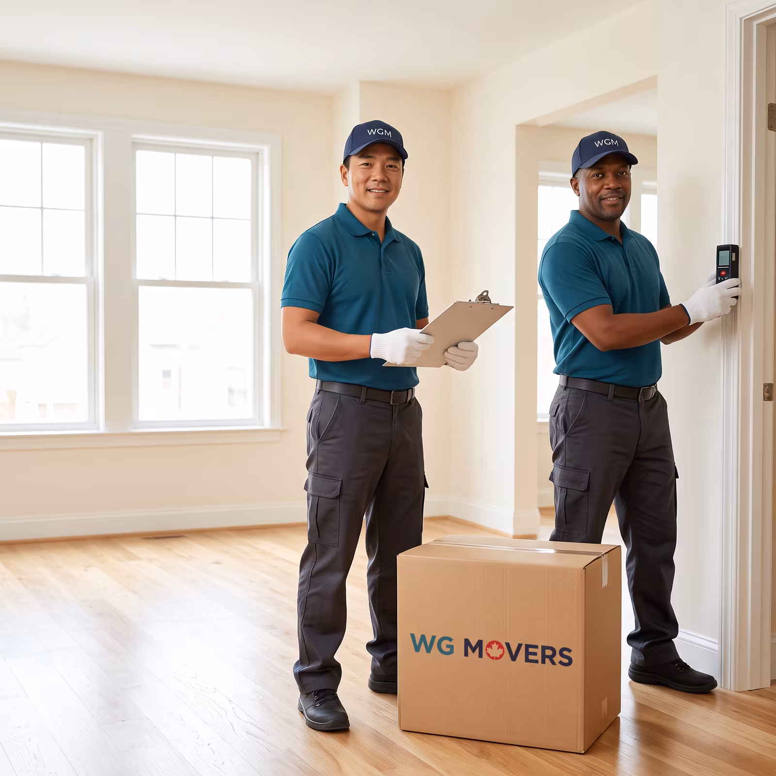 Two WGM movers in teal polos and caps look over an empty room, one holding a clipboard, beside a WG Movers carton