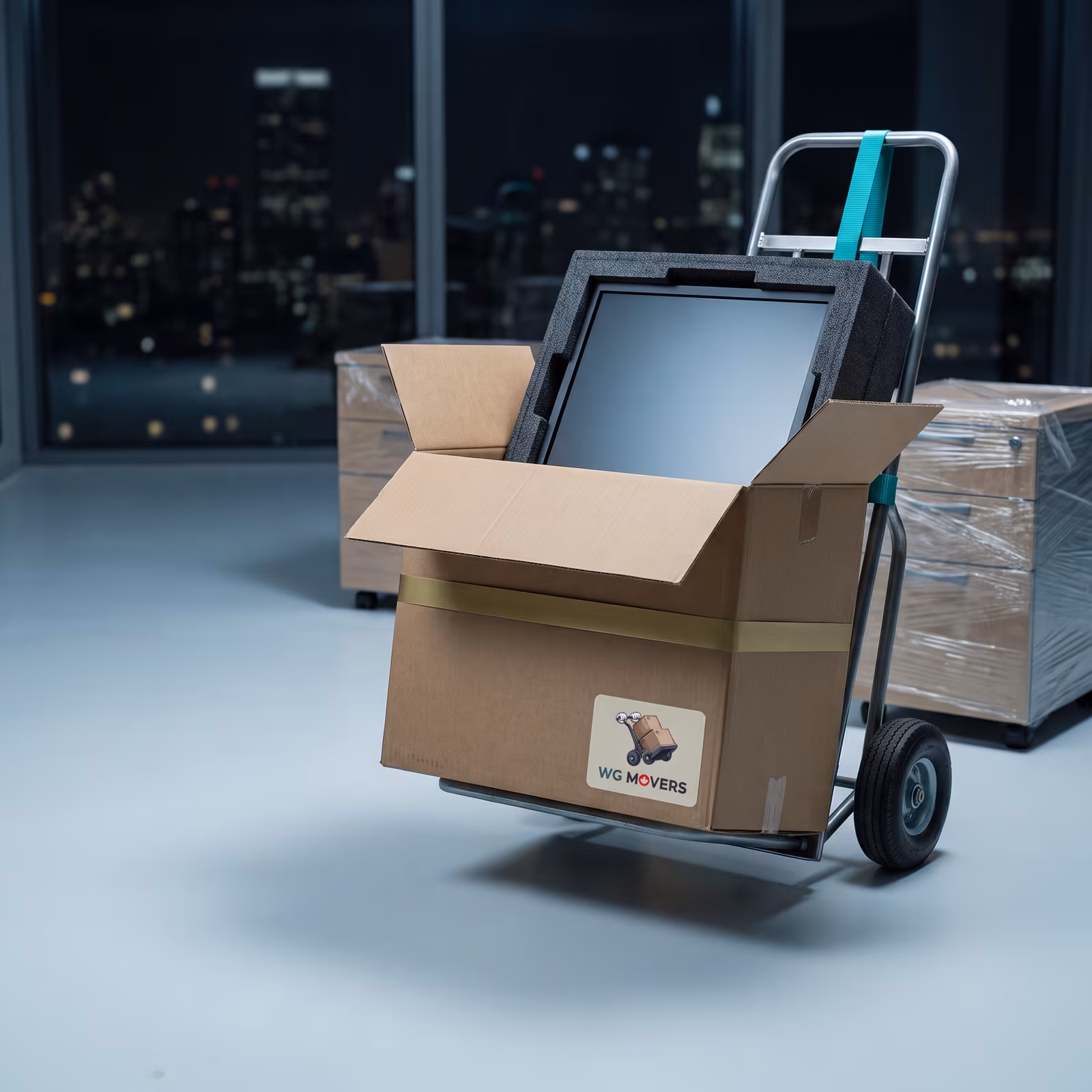 Cartons stacked on a cart in an office corridor