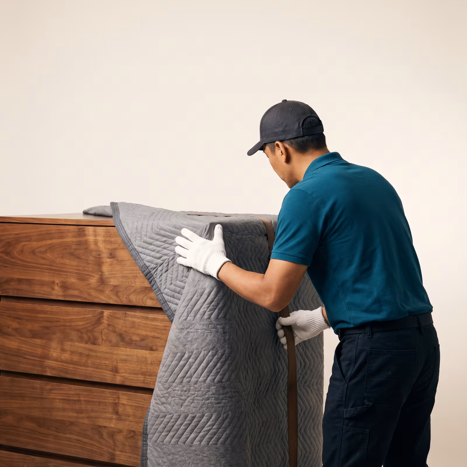 A padded moving blanket smoothed over a dresser