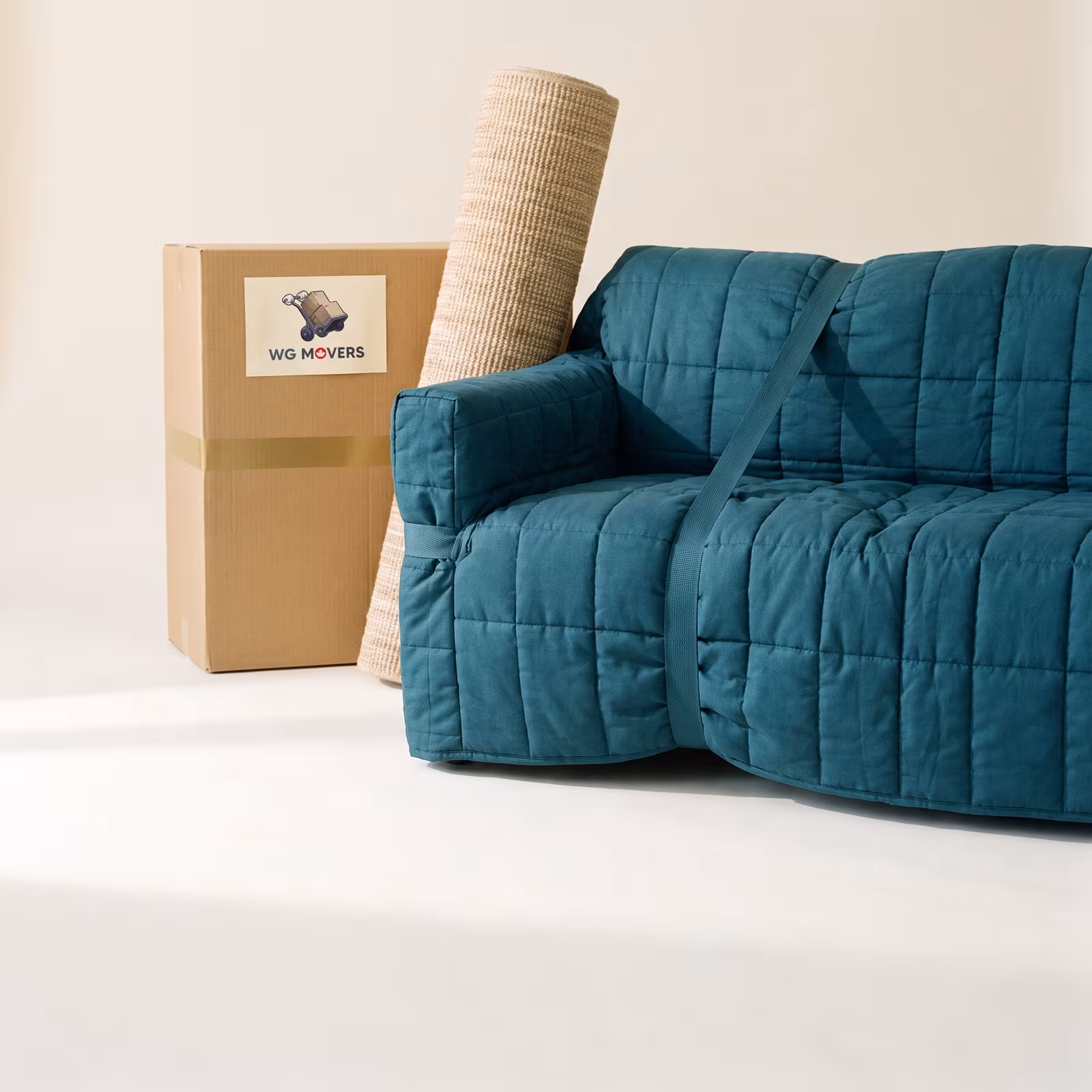 Teal padded covers folded beside a wrapped armchair